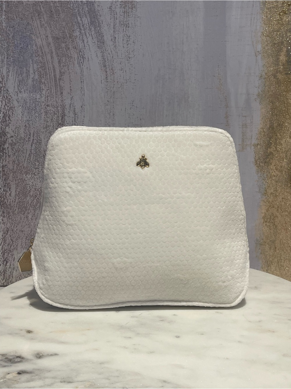 GUERLAIN Paris White Textured Cosmetic Pouch with Gold 🐝 Accent